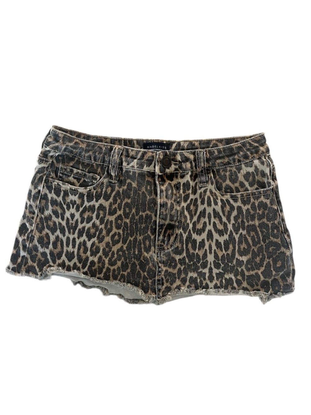 Angel Kiss Leopard Print MICRO MINI Skirt Y2K Cheetah Denim Size M 9"